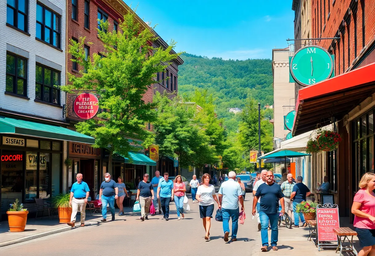 A lively street in Asheville, NC, showcasing various spas and shops.