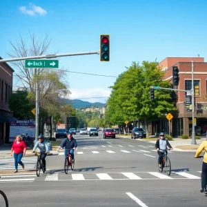 Busy intersection in Asheville with pedestrians and cyclists