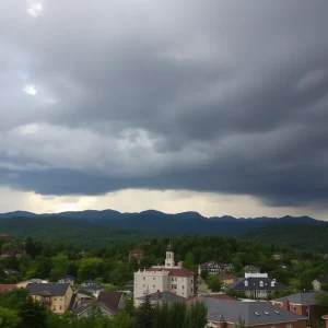 Summer weather in Asheville with a mix of sunshine and storm clouds.