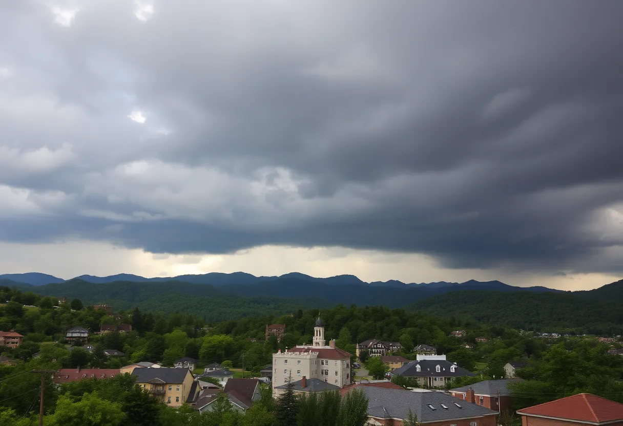 Summer weather in Asheville with a mix of sunshine and storm clouds.