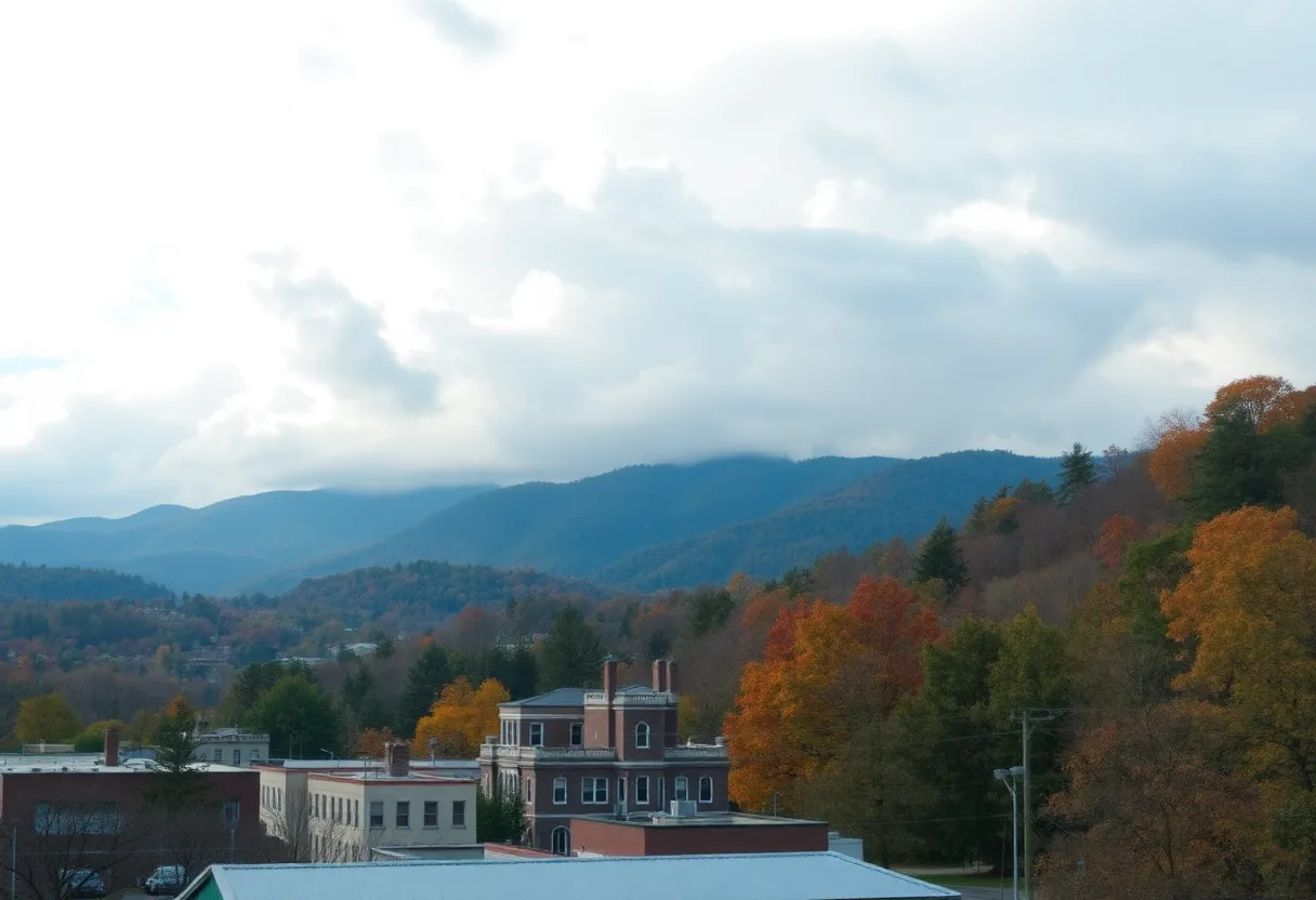 Cloudy skies over Asheville with cooler temperatures.