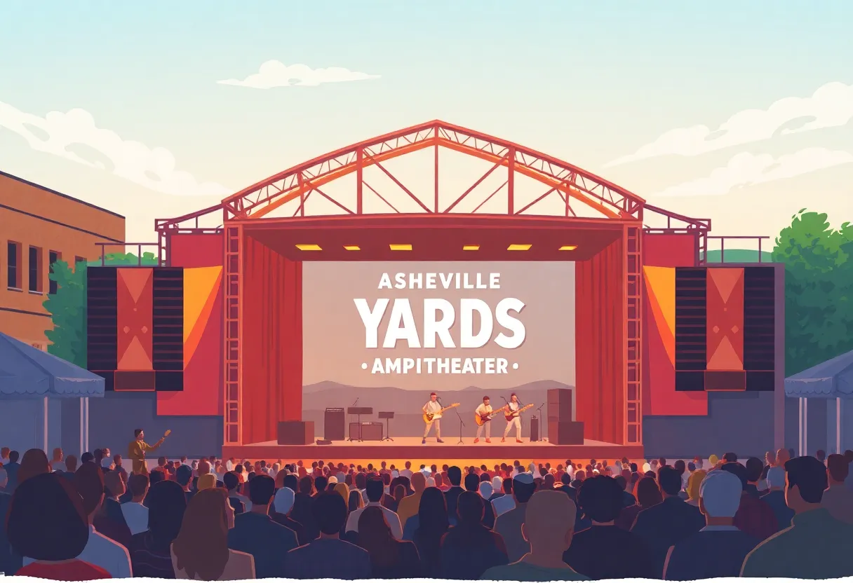 Concert at Asheville Yards Amphitheater with a crowd enjoying music.