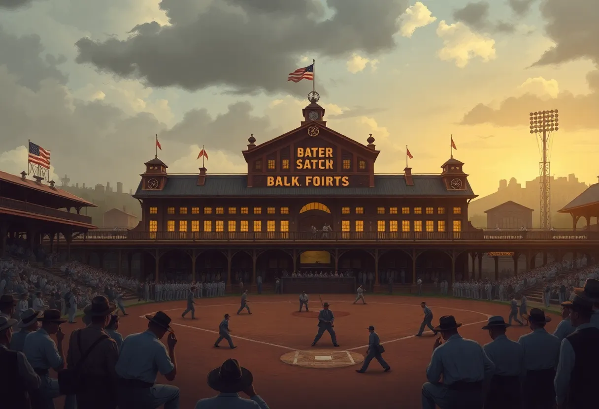 Historic baseball scene with a 1920s train station
