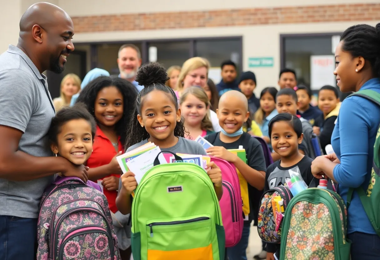 Children receiving backpacks filled with school supplies at the Backpack Giveaway event in Asheville.