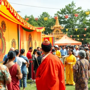 A lively Buddhist arts festival featuring workshops, performances, and attendees enjoying the vibrant atmosphere.