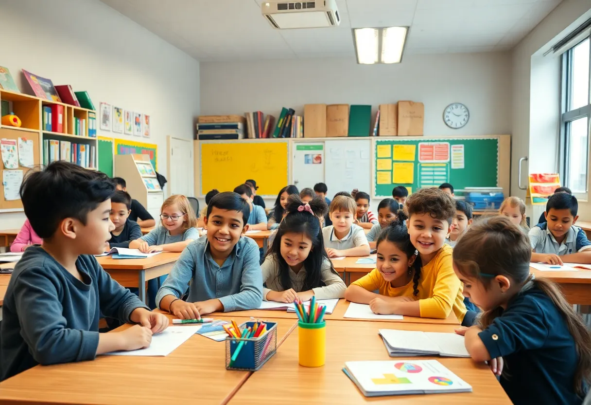 Diverse students in a classroom engaging in educational activities.