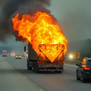 A gravel truck engulfed in flames on Interstate 40
