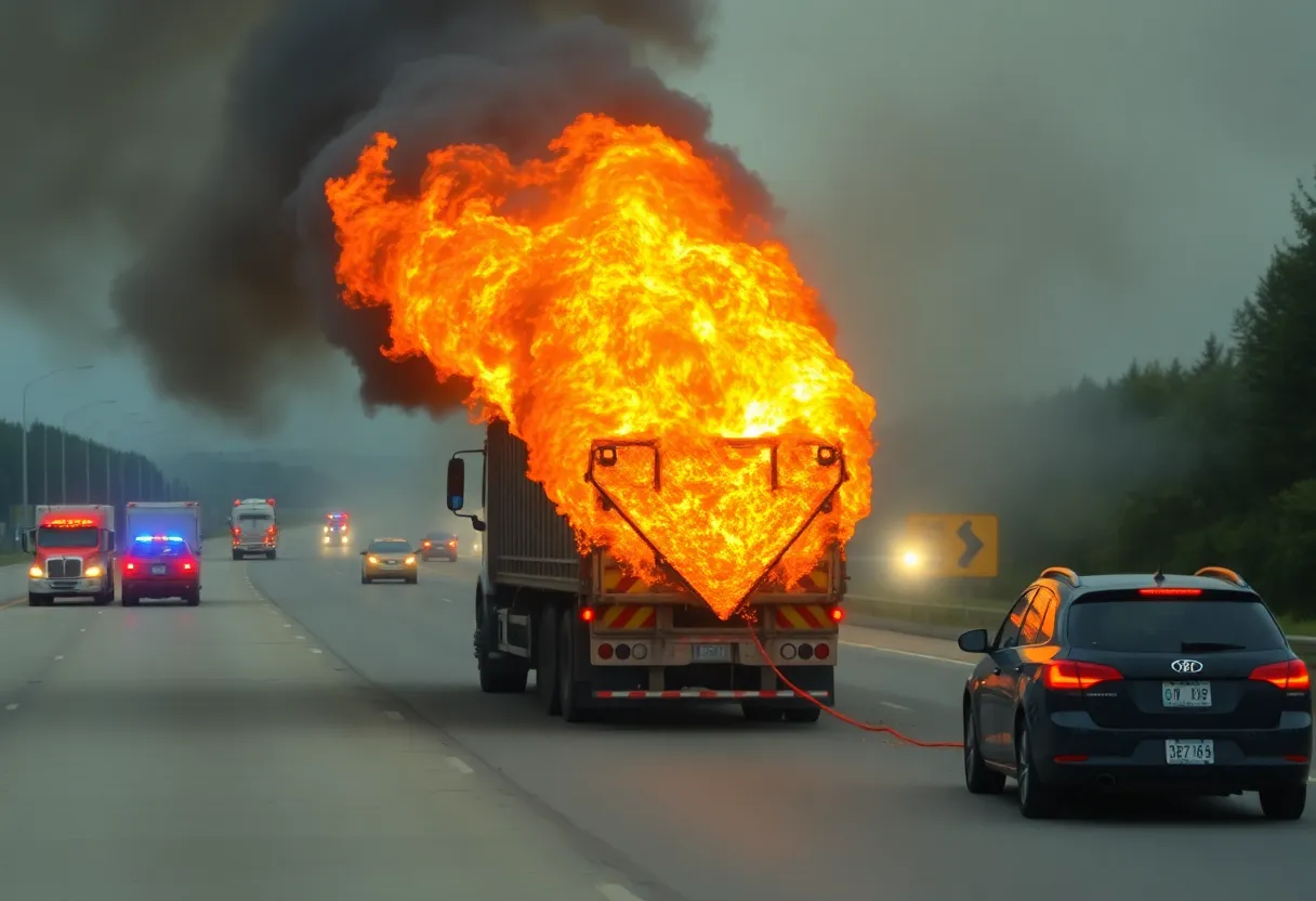 A gravel truck engulfed in flames on Interstate 40