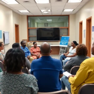 Community meeting discussing healthcare settlement in Brevard