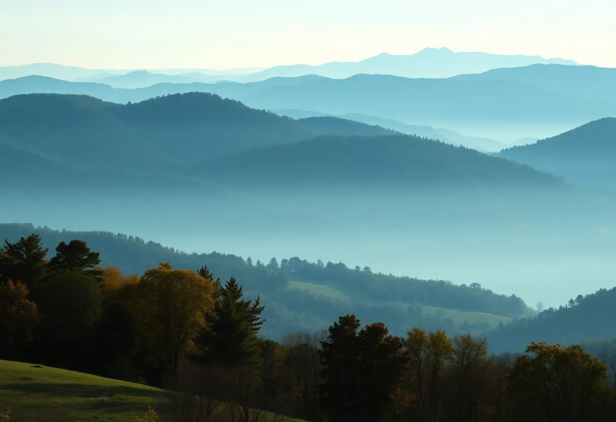 A serene landscape in western North Carolina representing seismic activity.