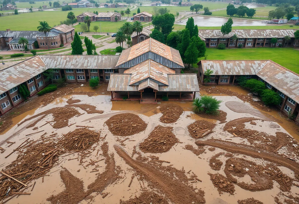 Aerial view showing significant flood damage on the grounds of Asheville Christian Academy.
