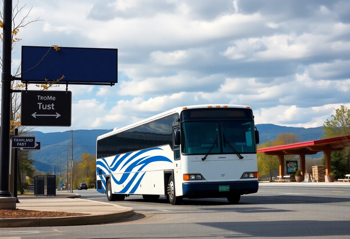 Greyhound bus waiting at Ashland Avenue transit stop in Asheville