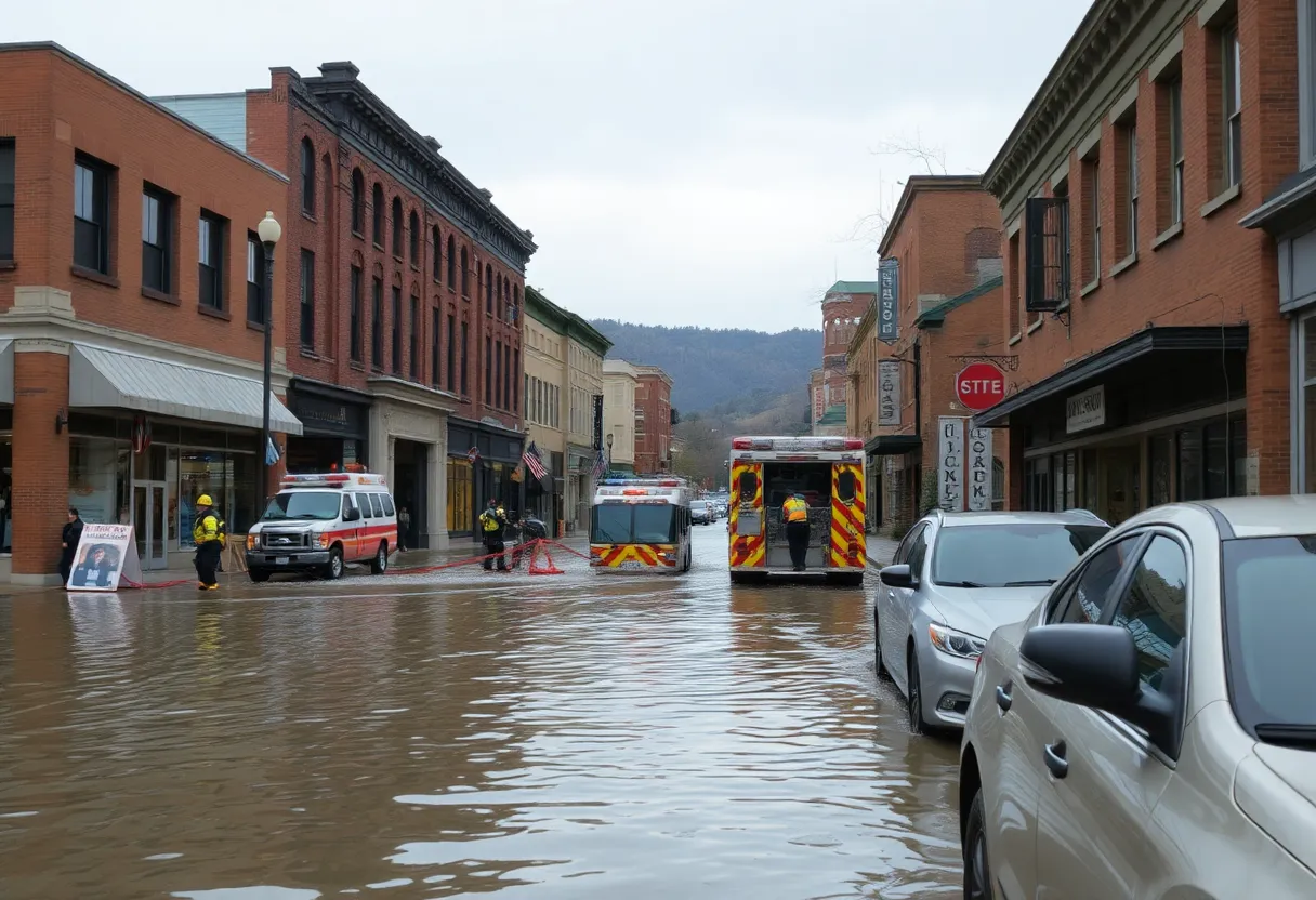 Flooded streets and damaged buildings in Asheville due to Hurricane Helene