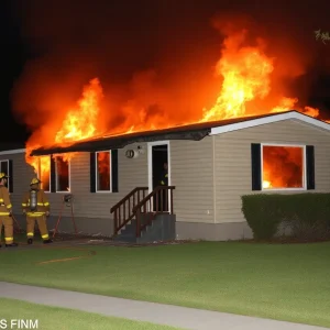 Firefighters extinguishing a mobile home fire in Asheville, NC