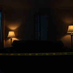 A dimly lit living room suggesting a crime investigation, emphasizing mystery.