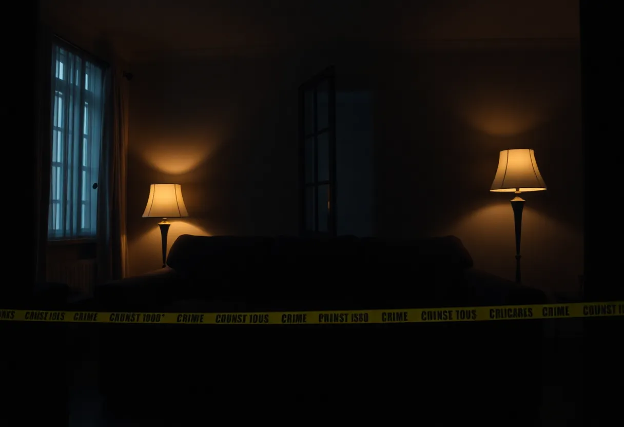 A dimly lit living room suggesting a crime investigation, emphasizing mystery.