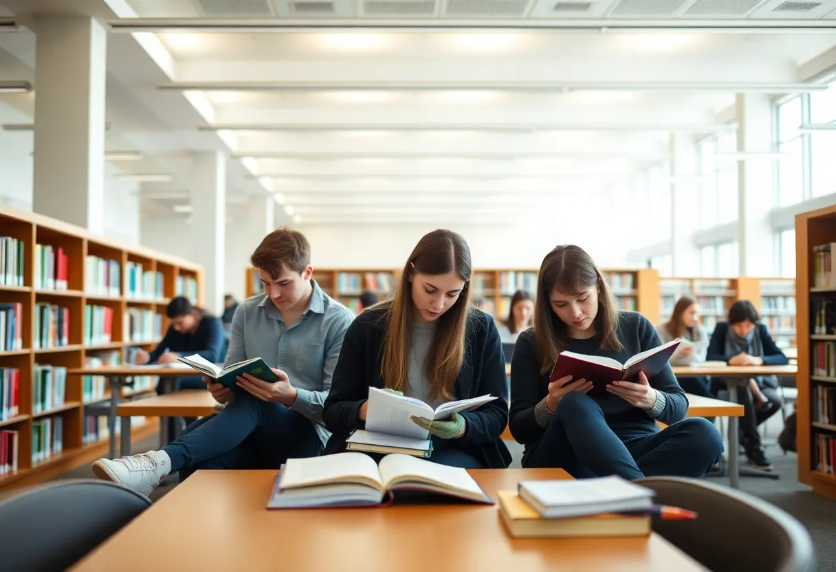 Students concentrated on their studies in a library.
