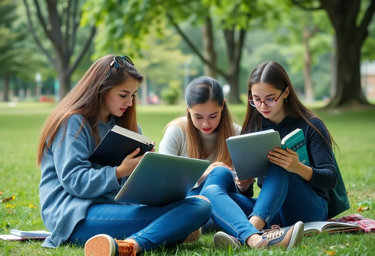 Students studying together outside in a peaceful environment.