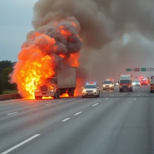 Fire engulfing a dump truck on the highway with emergency response vehicles