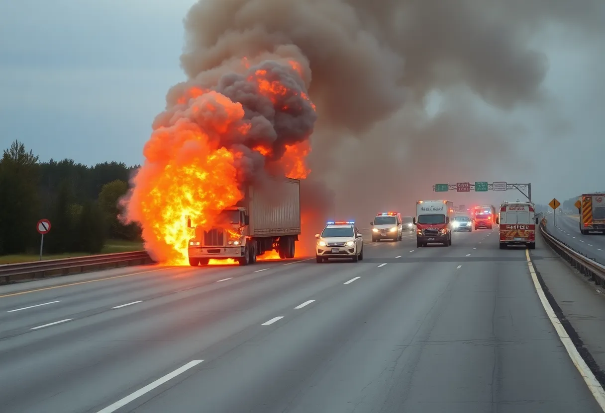 Fire engulfing a dump truck on the highway with emergency response vehicles