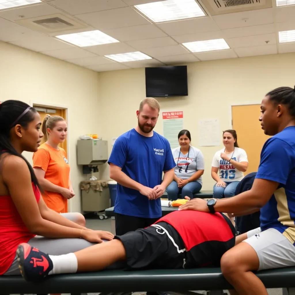 Student-athletes receiving care from medical professionals in an athletic training room at UNC Asheville.