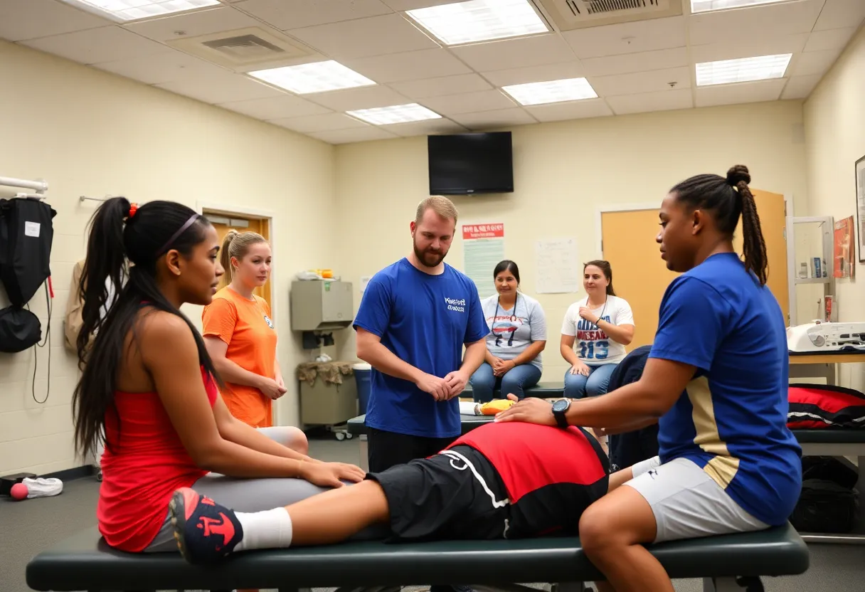 Student-athletes receiving care from medical professionals in an athletic training room at UNC Asheville.