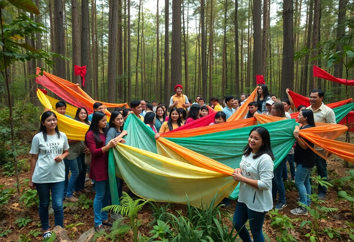 Community members wrapping an urban forest in fabric in Asheville, NC