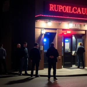 Police lights illuminating the scene of a bar shooting in Asheville