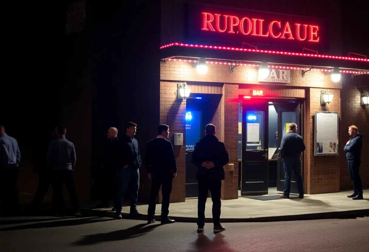 Police lights illuminating the scene of a bar shooting in Asheville