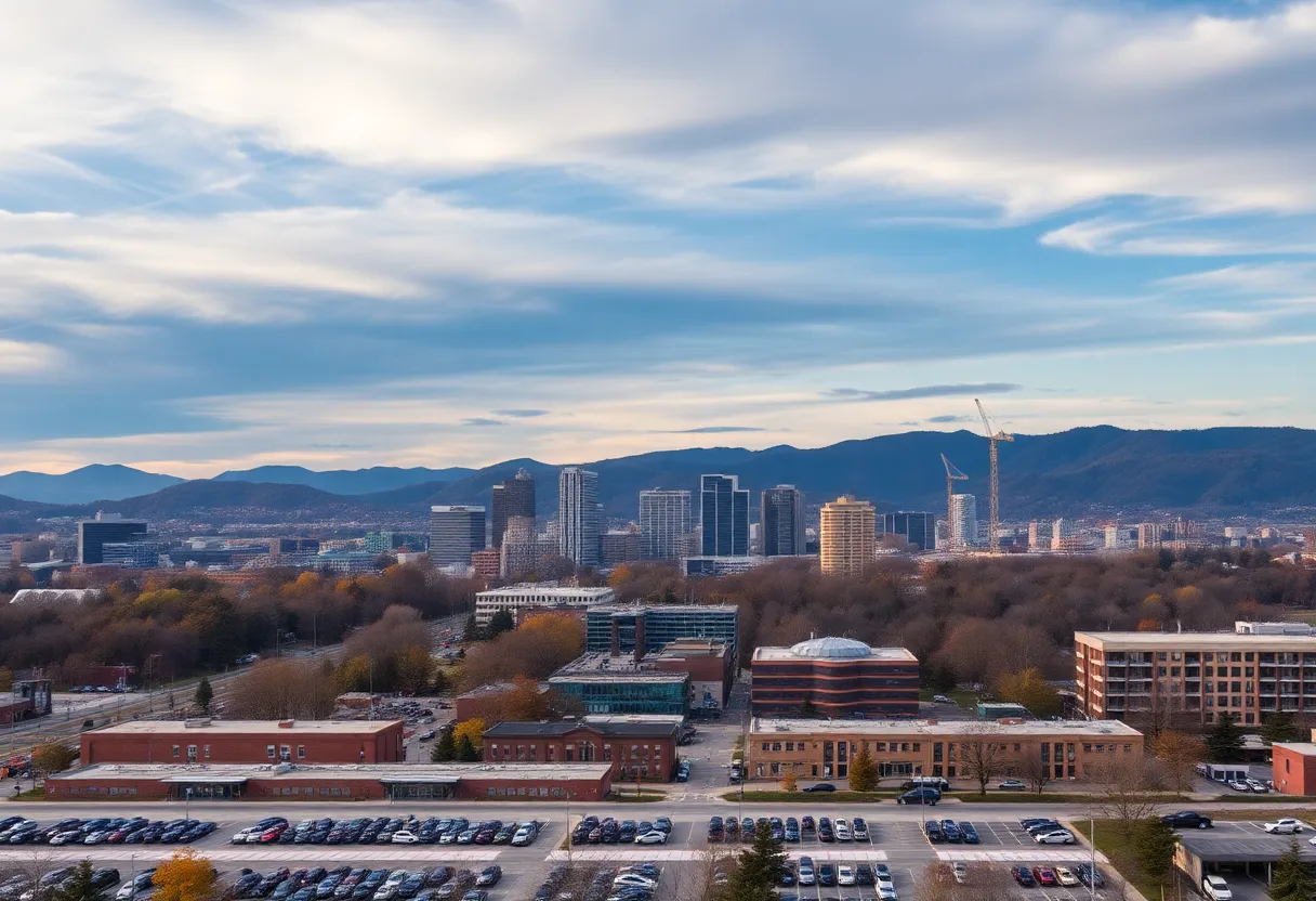 Skyline view of Asheville, North Carolina with emphasis on urban features.