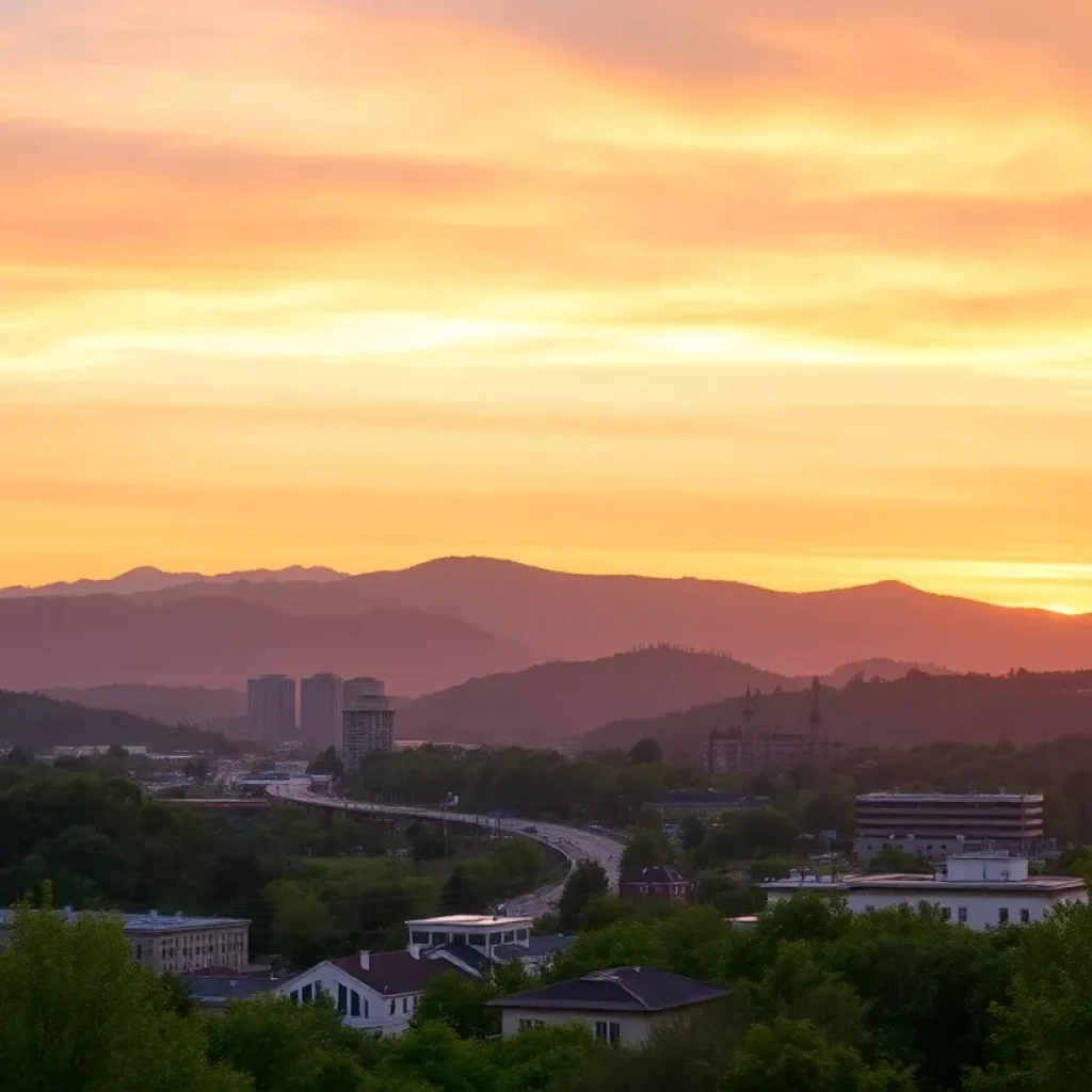 Sunset view of Asheville cityscape representing community and safety