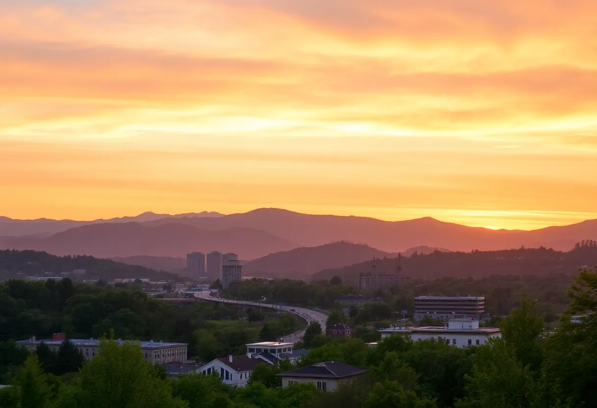 Sunset view of Asheville cityscape representing community and safety