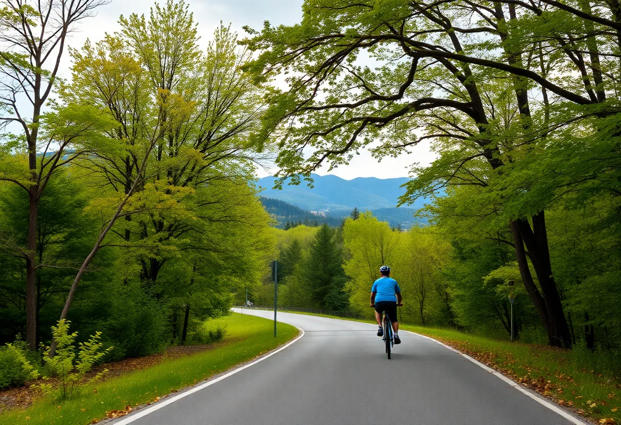 A peaceful cycling path in Asheville, NC, showcasing natural beauty and the need for safer cycling conditions.