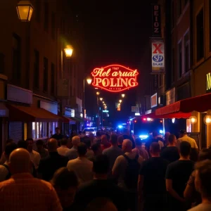 Police lights illuminating downtown Asheville at night