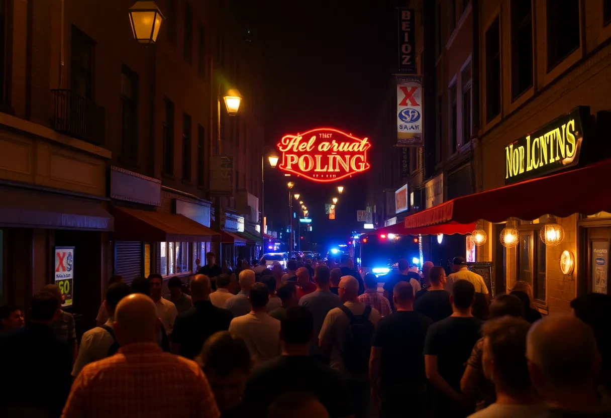 Police lights illuminating downtown Asheville at night