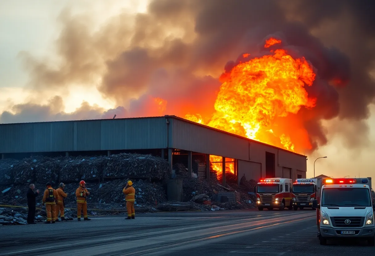 Firefighters battling a fire at Mountain Metals Recycling in Asheville
