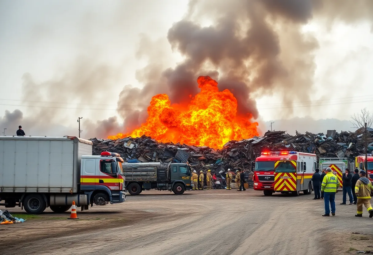 Firefighters actively working to extinguish a major fire at a scrap yard in Asheville, North Carolina.