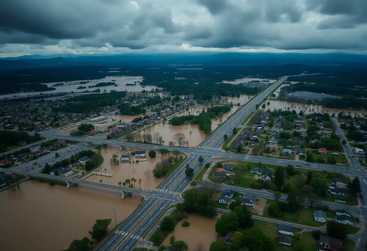 Aerial view of Asheville, North Carolina under floodwaters