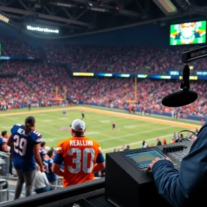 Asheville football broadcast setup with fans cheering