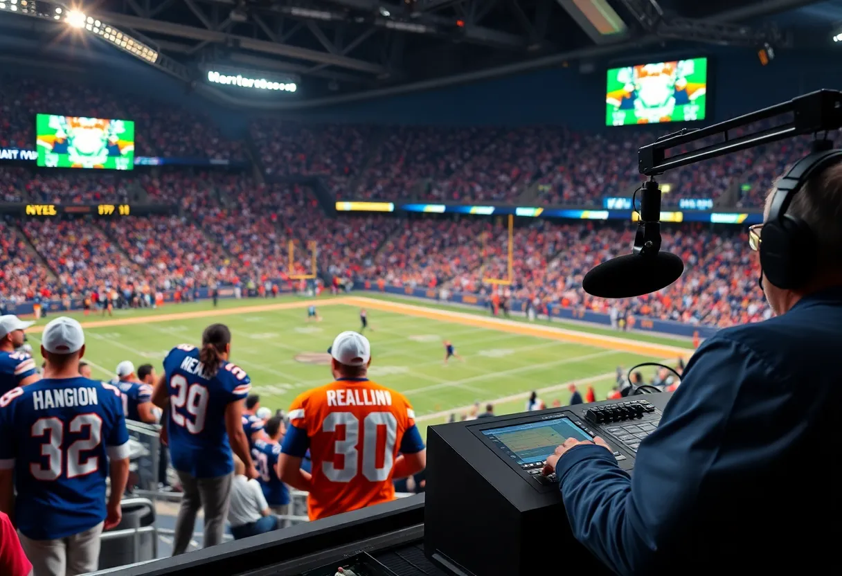 Asheville football broadcast setup with fans cheering