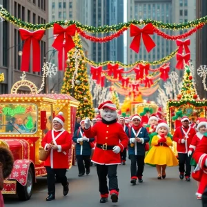 Festive scene from the Asheville Holiday Parade with vibrant floats and marching bands.