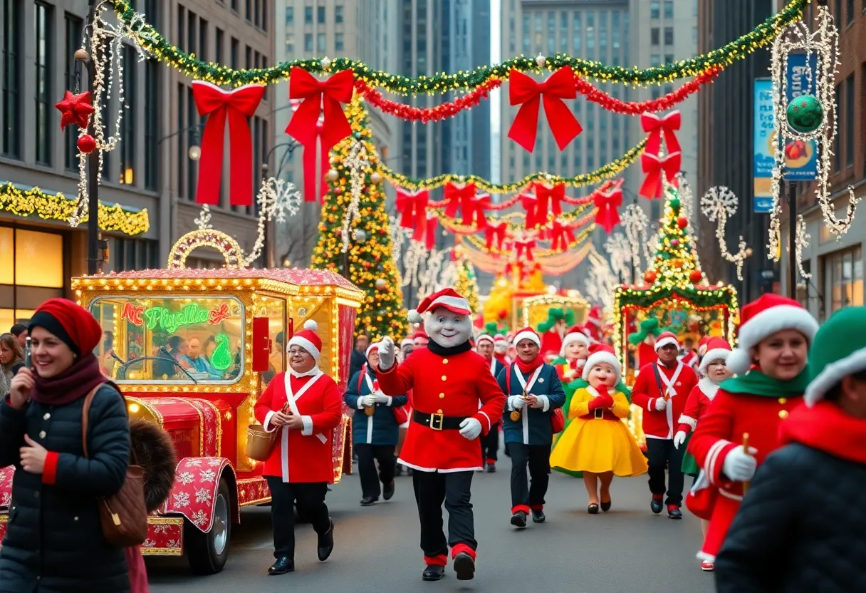Festive scene from the Asheville Holiday Parade with vibrant floats and marching bands.