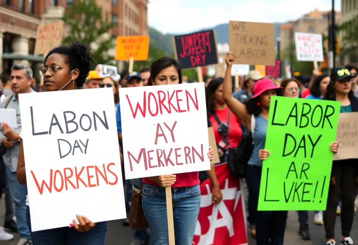 Participants at the Labor Day rally in Asheville advocating for workers' rights.