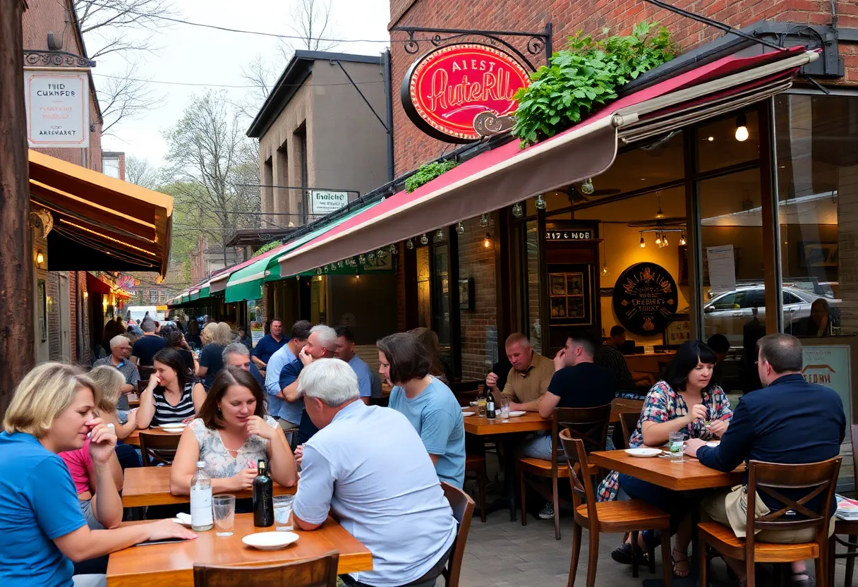 People dining in Asheville restaurant showcasing recovery post-Hurricane Helene.