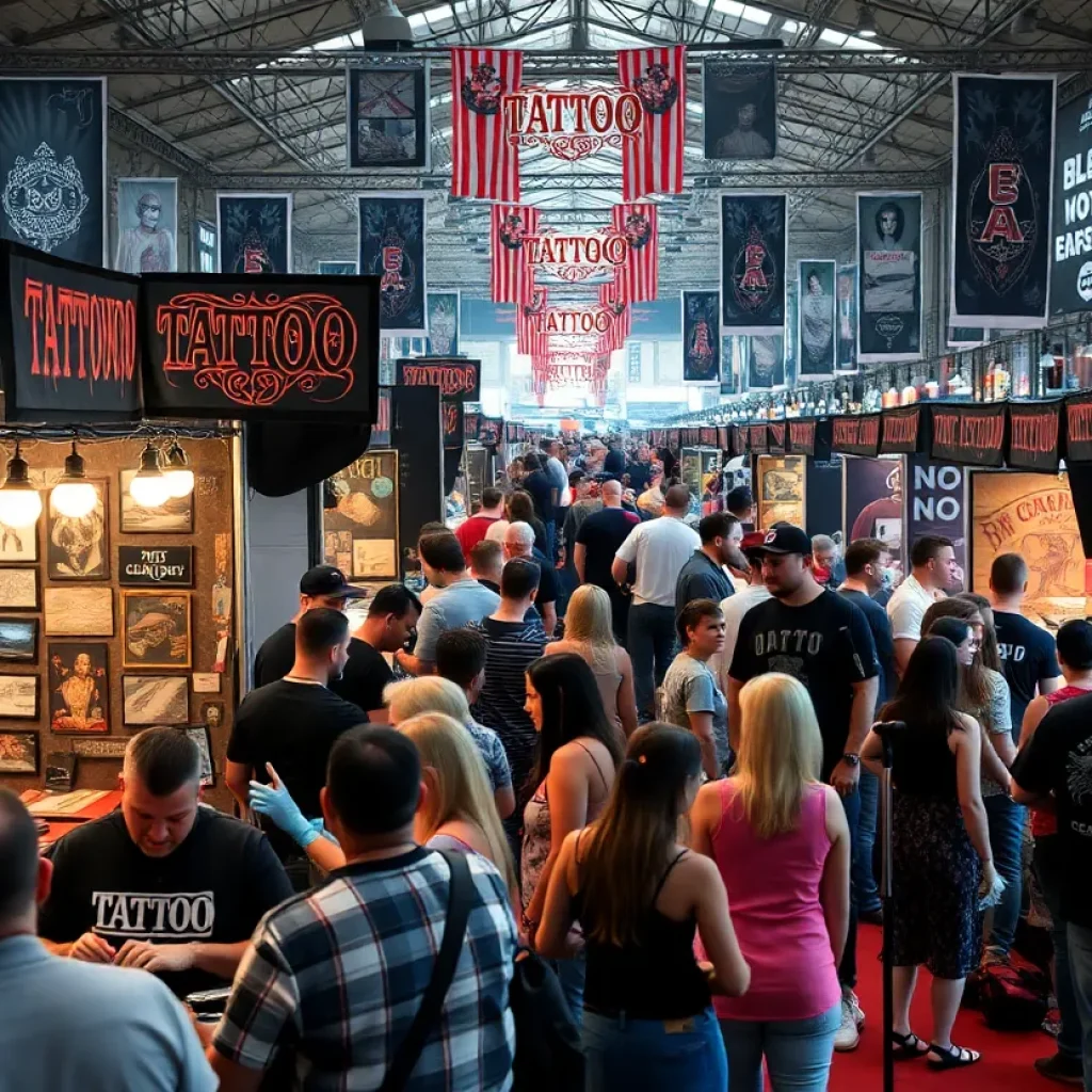 Attendees enjoying the Asheville Tattoo Arts Festival with tattoo booths and entertainment.