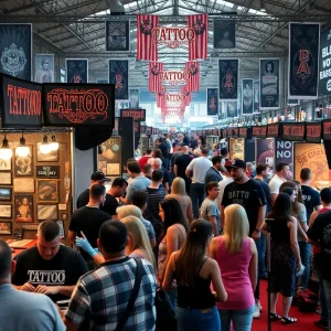 Attendees enjoying the Asheville Tattoo Arts Festival with tattoo booths and entertainment.