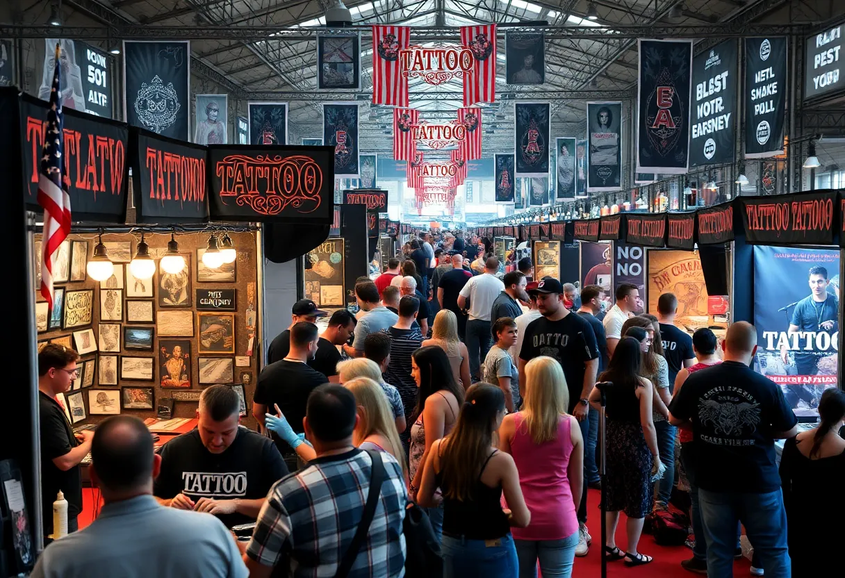 Attendees enjoying the Asheville Tattoo Arts Festival with tattoo booths and entertainment.