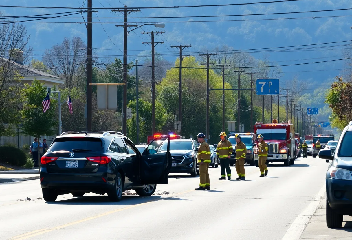 Emergency responders attending to a vehicle crash on Patton Avenue with downed power lines.