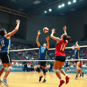 Players from UNC Asheville women's volleyball team in action during a match