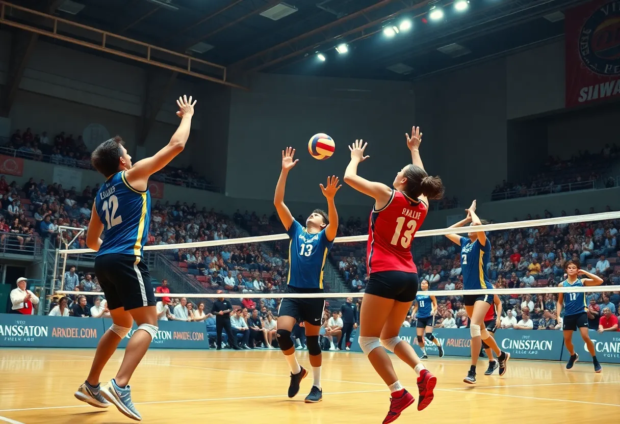 Players from UNC Asheville women's volleyball team in action during a match